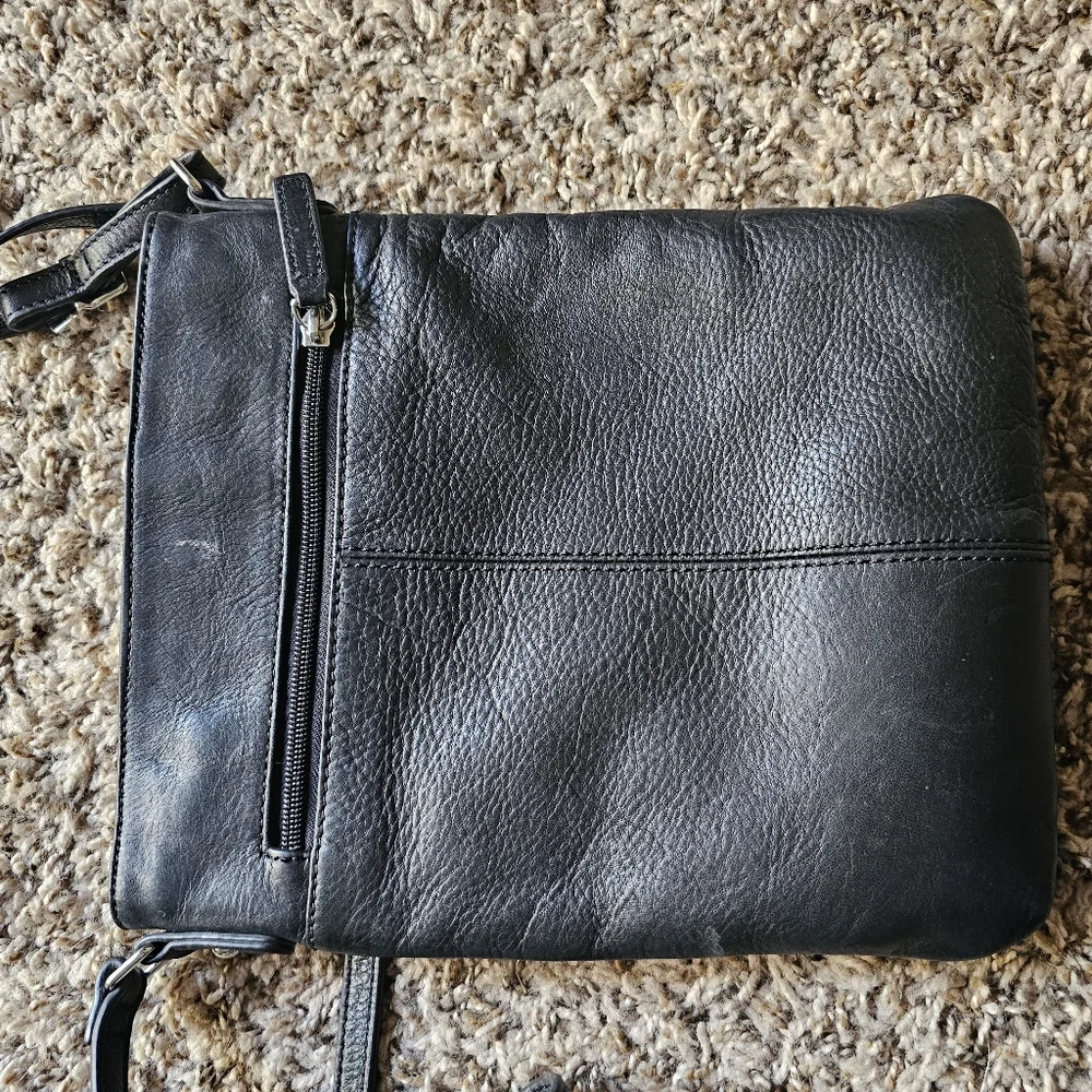 Margot black leather crossbody bag with corner pocket on‎ a front